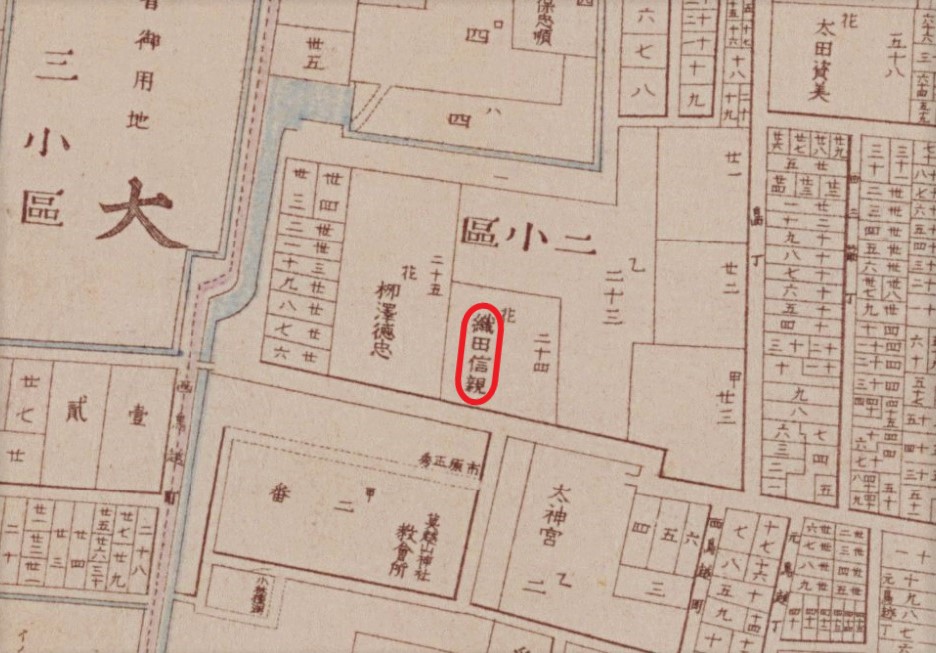 織田信親邸の場所（明治東京全図明治9年、国立公文書館デジタルアーカイブ）の画像。